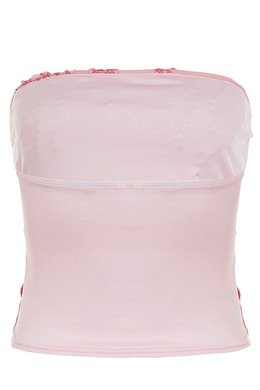 Pink Sequin Strapless Crop Top