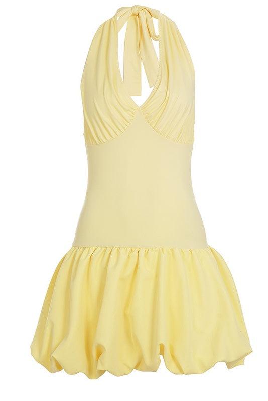 Halter Yellow A-line Short Bubble Dress