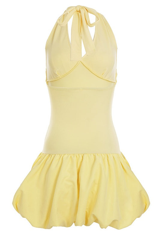 Halter Yellow A-line Short Bubble Dress