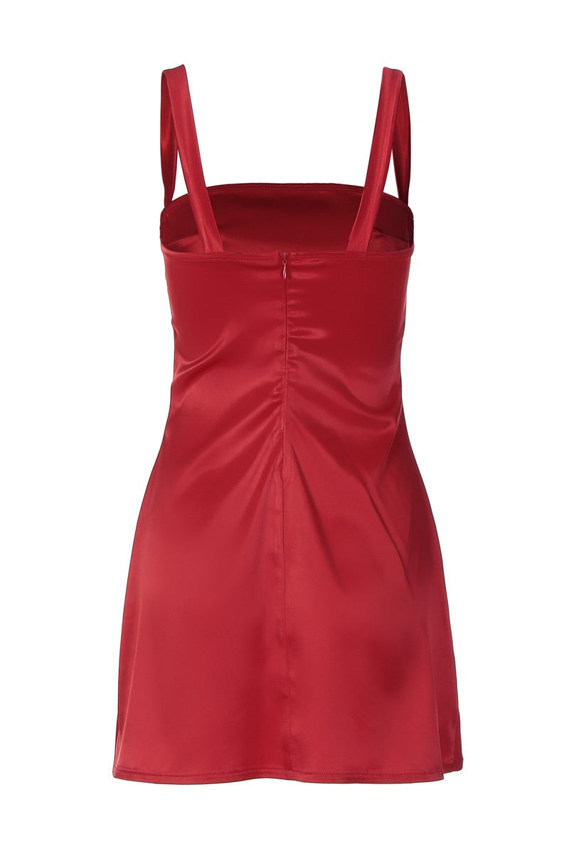 Red Satin Square Neck Short Dress