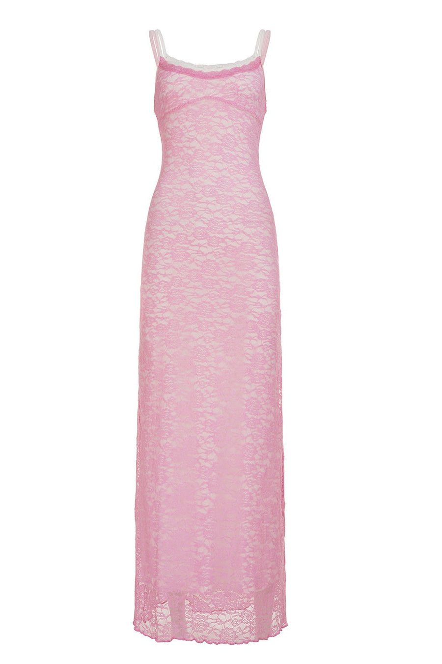 Pink Lace Straps Fitted Long Dress