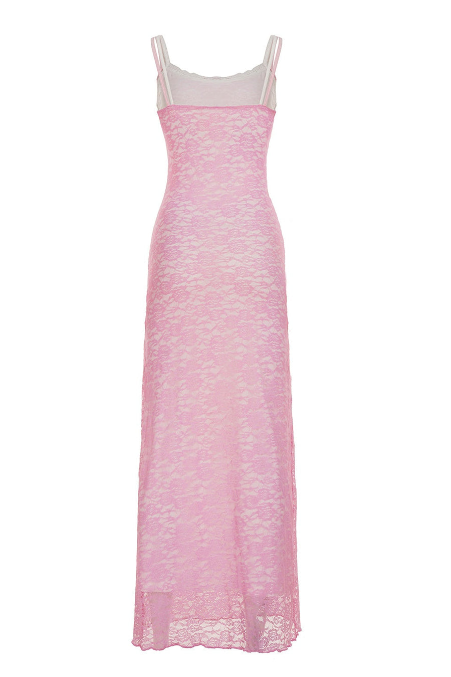 Pink Lace Straps Fitted Long Dress