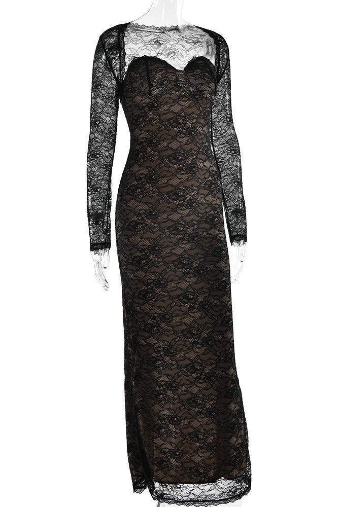 Two Piece Sweet Black Lace Fitted Long Dress