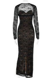 Two Piece Sweet Black Lace Fitted Long Dress