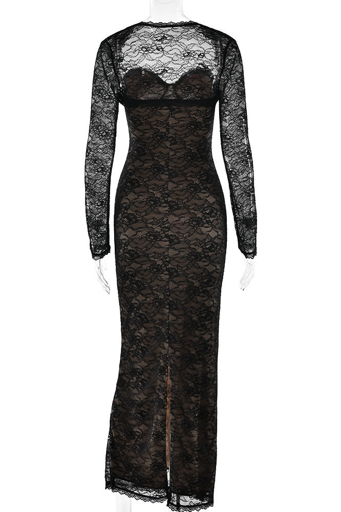 Two Piece Sweet Black Lace Fitted Long Dress