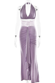 Black Halter Sheer Draped Long Dress