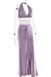 Black Halter Sheer Draped Long Dress