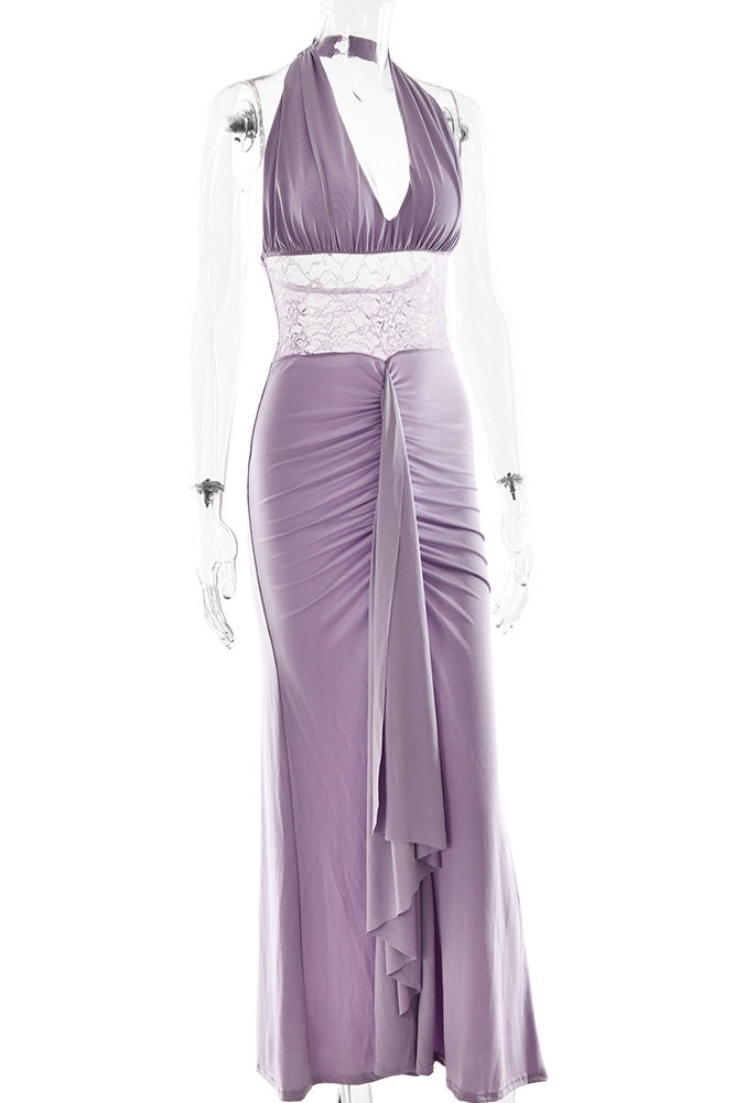 Black Halter Sheer Draped Long Dress