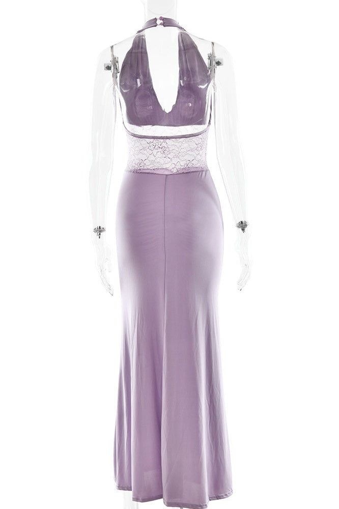 Black Halter Sheer Draped Long Dress