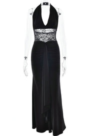 Black Halter Sheer Draped Long Dress