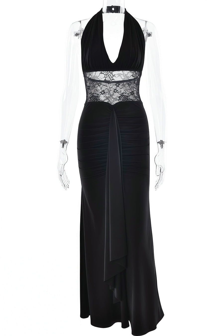 Black Halter Sheer Draped Long Dress