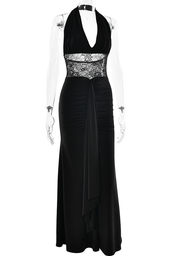 Black Halter Sheer Draped Long Dress