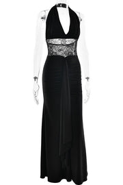 Black Halter Sheer Draped Long Dress