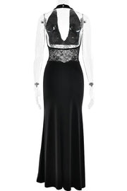 Black Halter Sheer Draped Long Dress