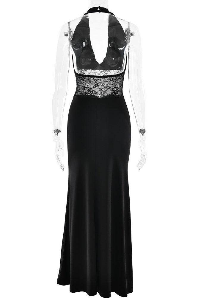 Black Halter Sheer Draped Long Dress