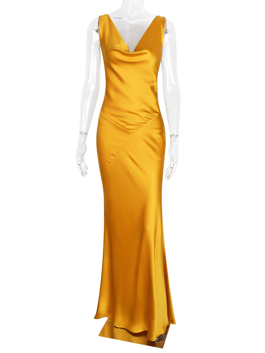 Yellow Satin Open Back Fitted Dress