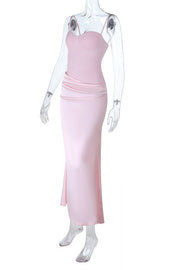 Pink Straps Ruched Fitted Long Dress