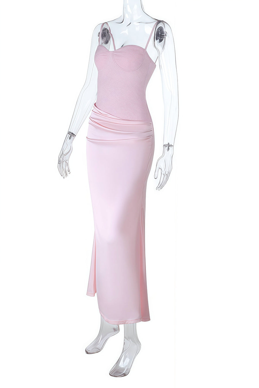 Pink Straps Ruched Fitted Long Dress