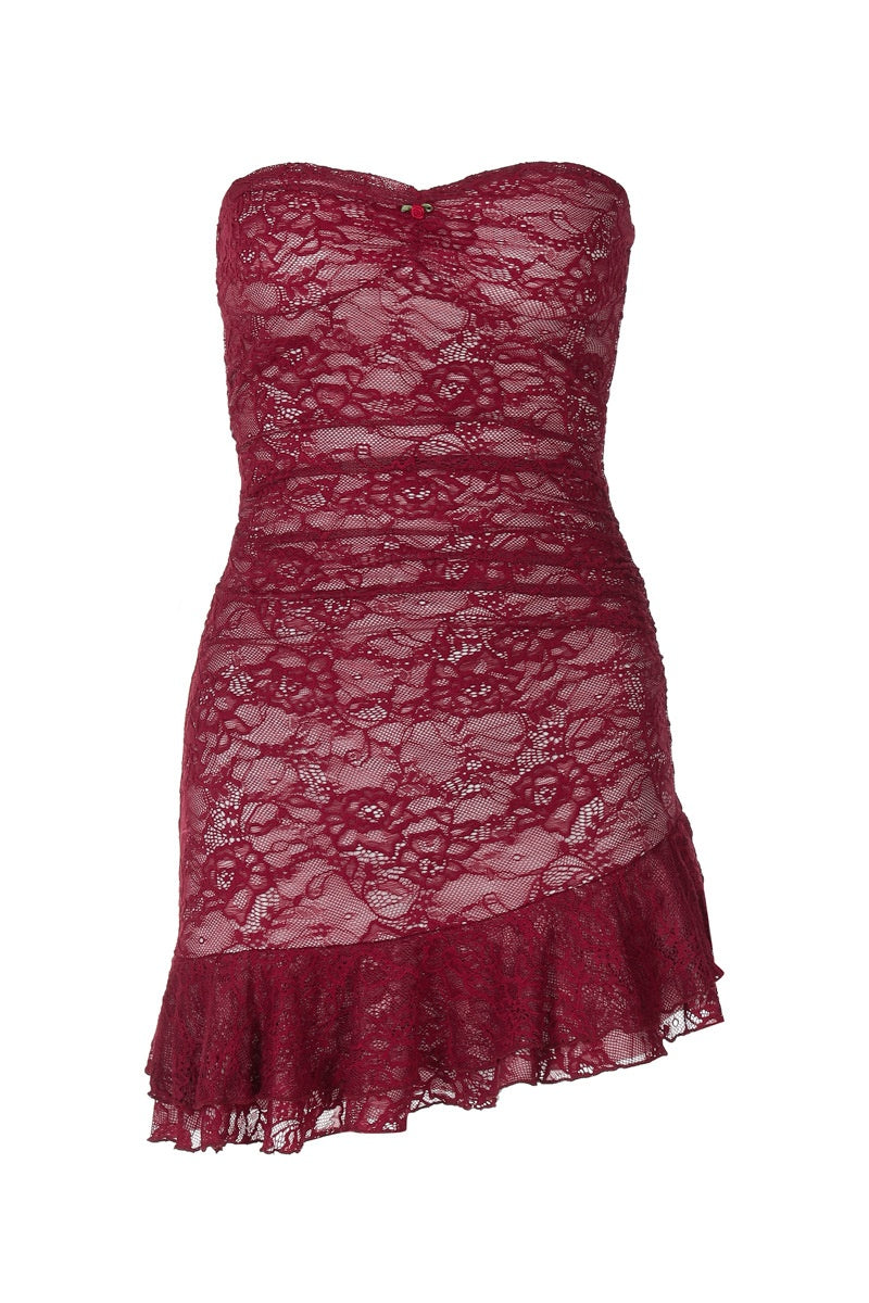 Strapless Burgundy Lace Fitted Short Dress
