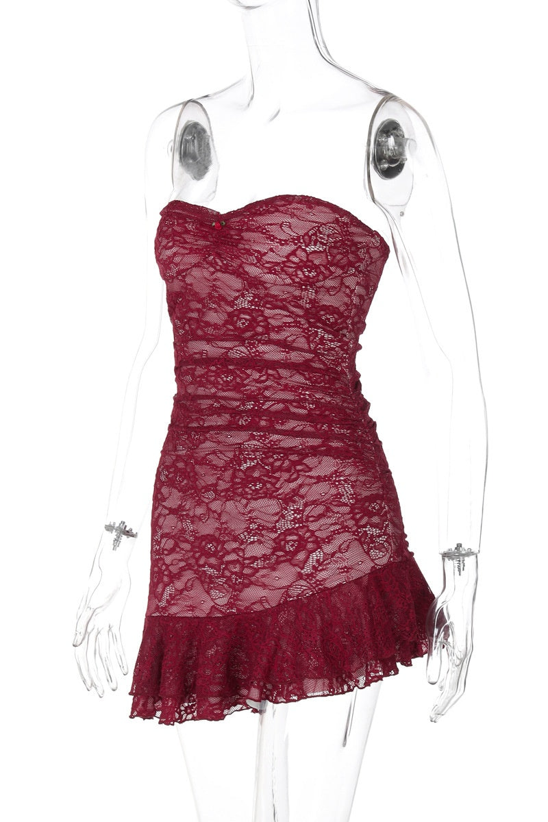 Strapless Burgundy Lace Fitted Short Dress