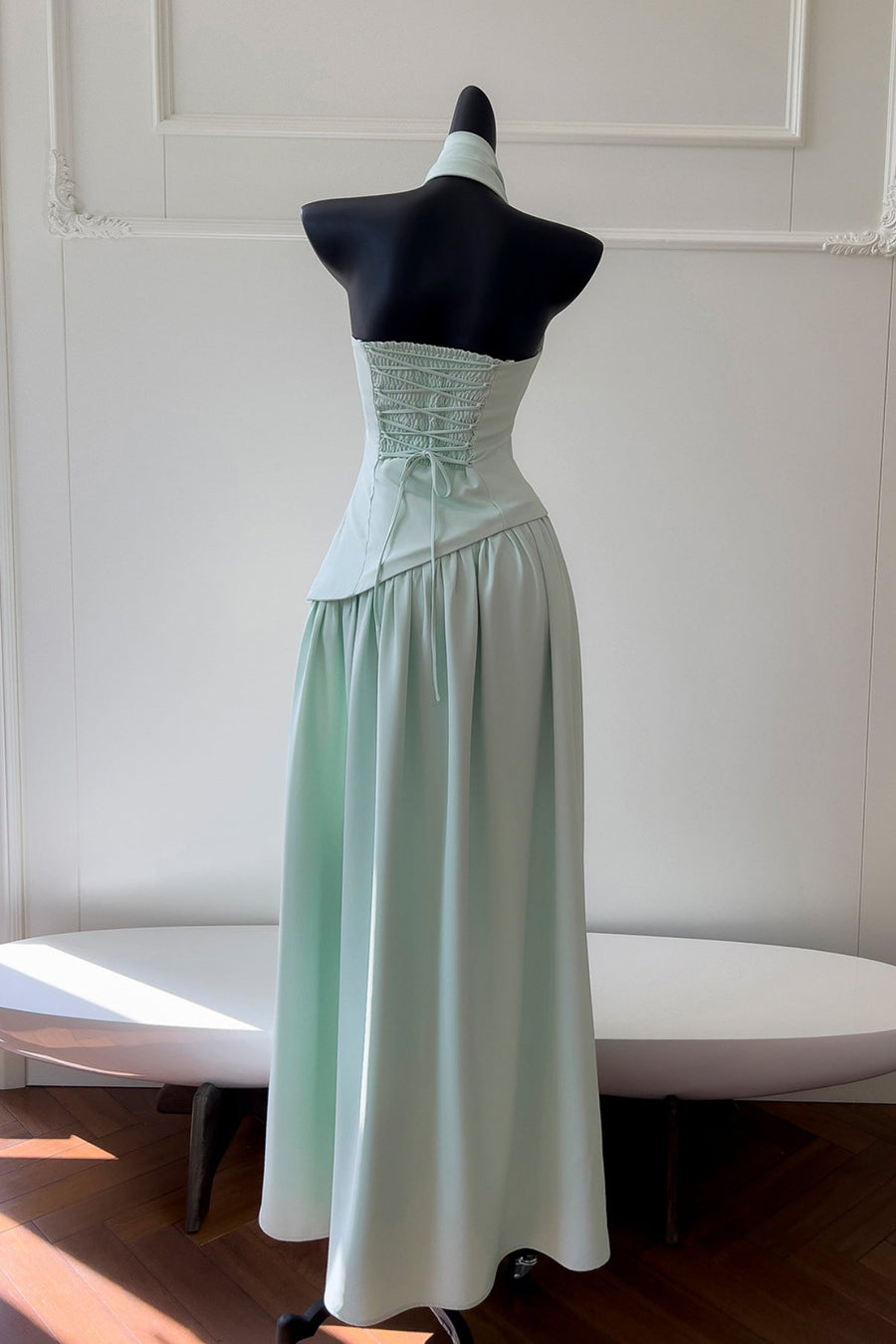 Mint Green Halter Tie Strapless Long Dress