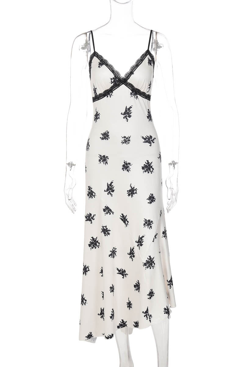 Straps White Black Print French Dress