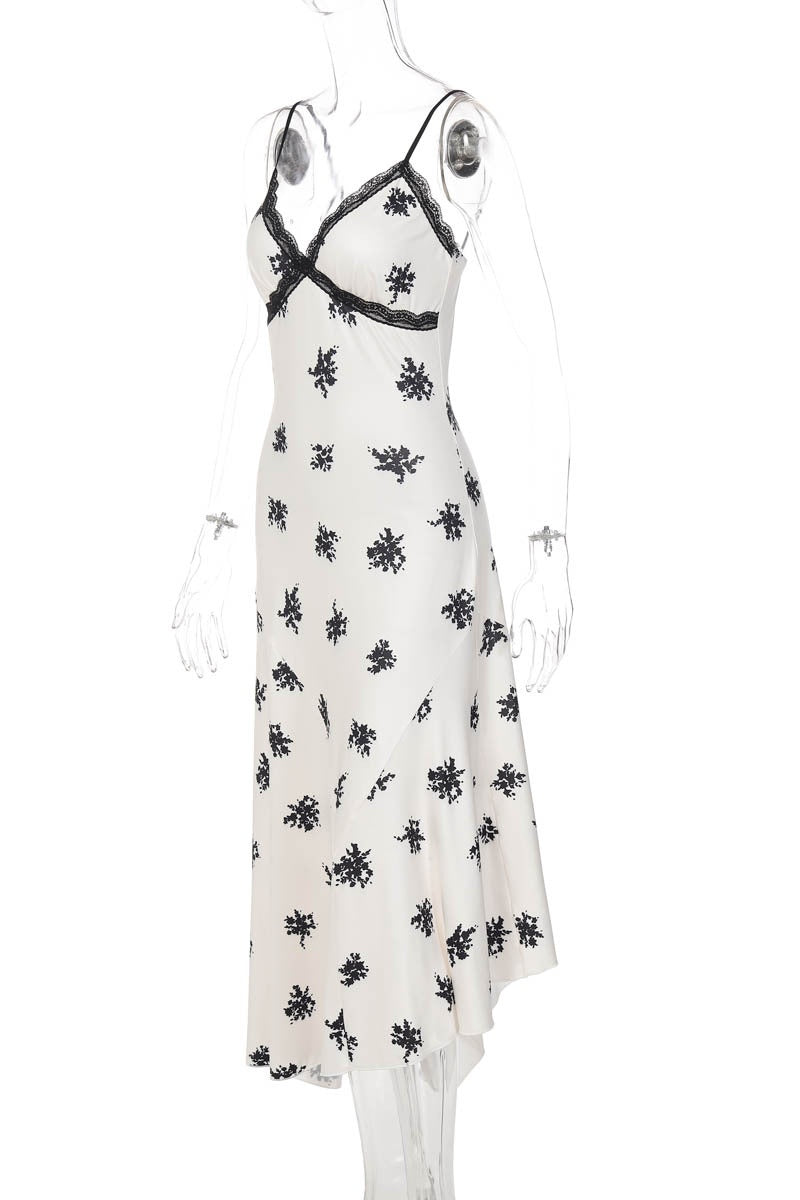 Straps White Black Print French Dress