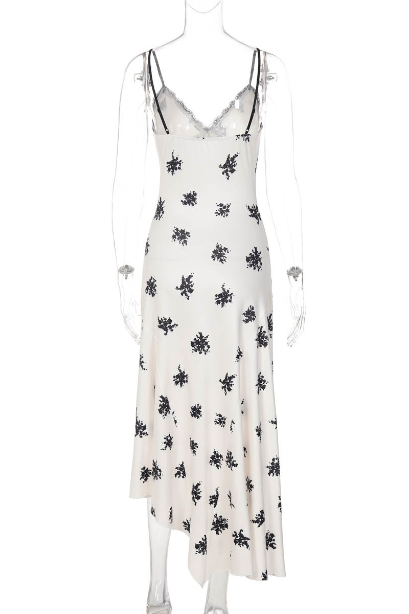 Straps White Black Print French Dress