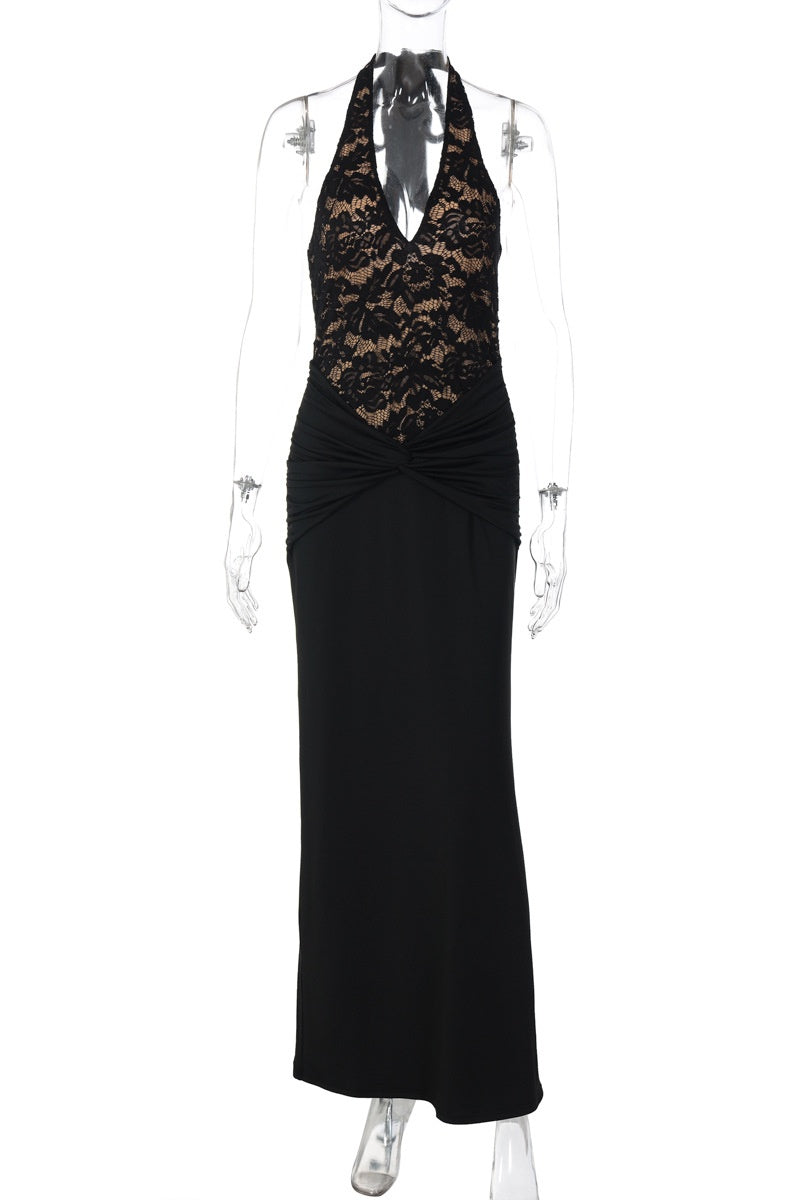 Halter Lace Black Twist Fitted Dress