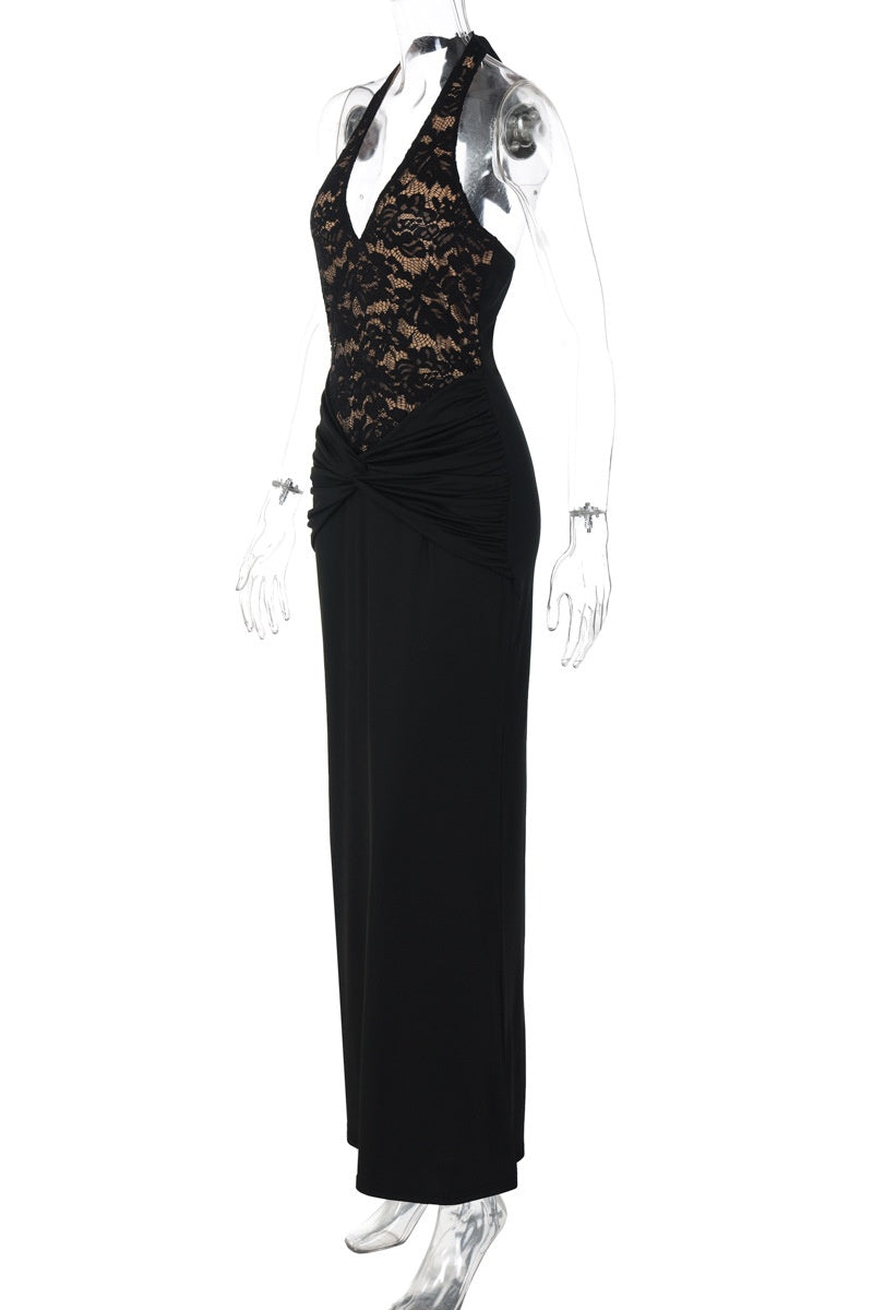 Halter Lace Black Twist Fitted Dress