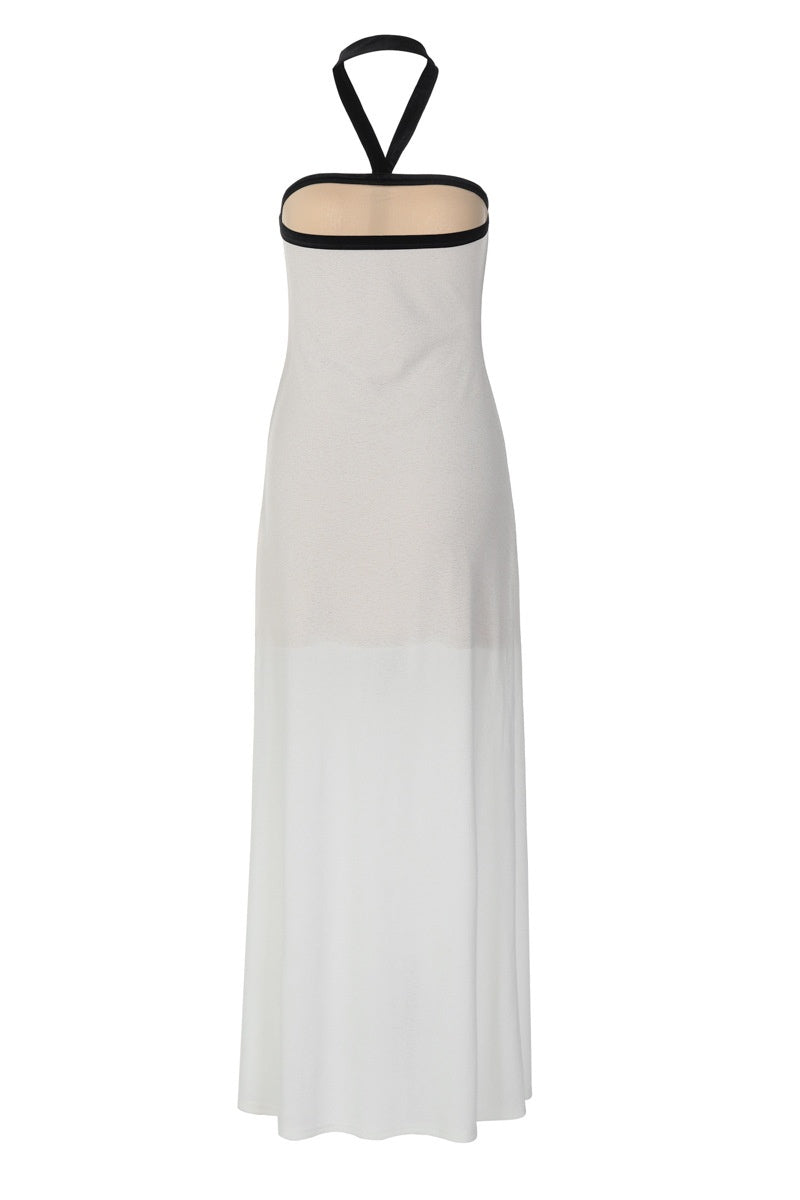 Black Halter White Chiffon Long Dress