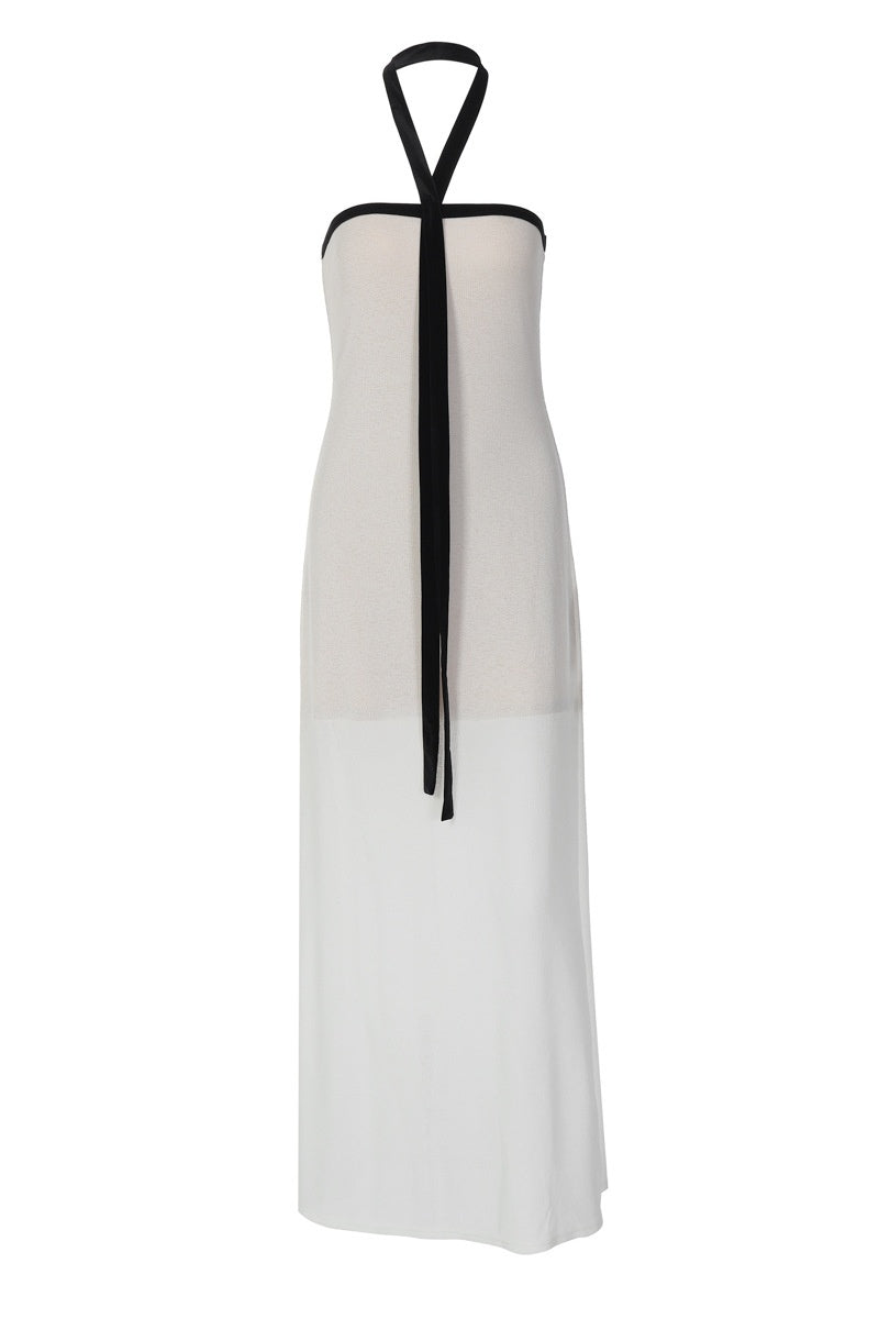 Black Halter White Chiffon Long Dress