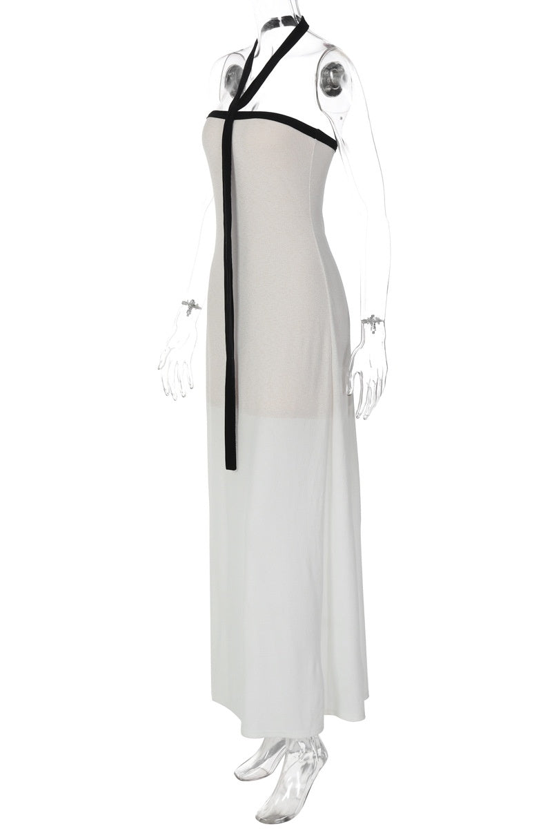 Black Halter White Chiffon Long Dress