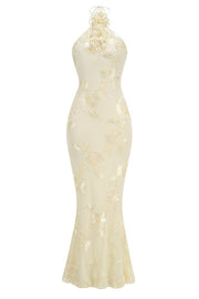 Yellow Halter 3D Flower Mermaid Dresss