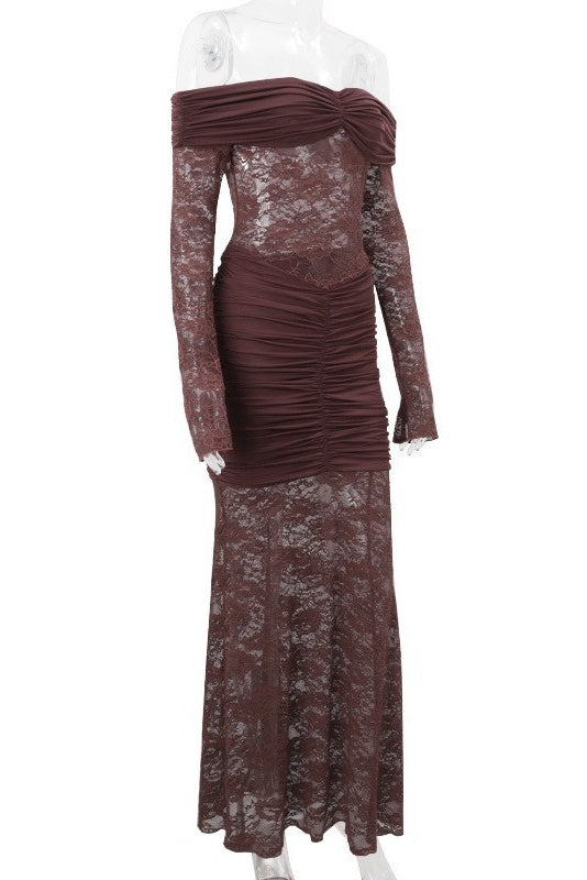 Long Sleeves Brown Lace Sheer Mermaid Dress
