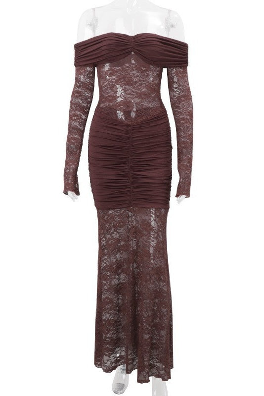 Long Sleeves Brown Lace Sheer Mermaid Dress