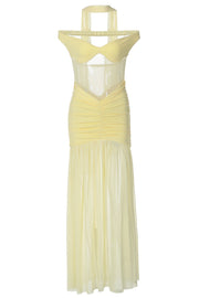 Off the Shoulder Yellow Sheer Mesh Long Dress