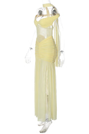 Off the Shoulder Yellow Sheer Mesh Long Dress