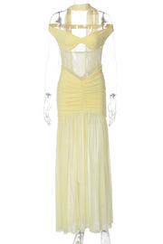 Off the Shoulder Yellow Sheer Mesh Long Dress