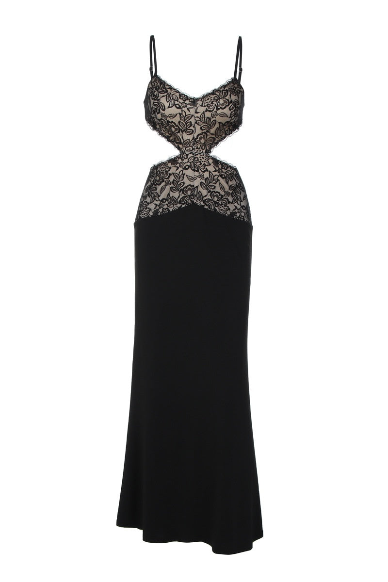 Black Lace Cutouts Fitted Long Dress