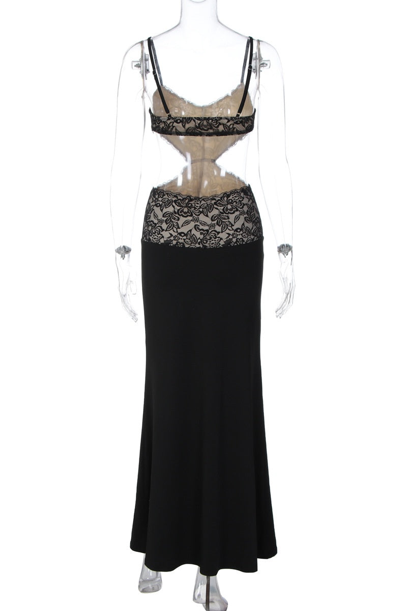 Black Lace Cutouts Fitted Long Dress