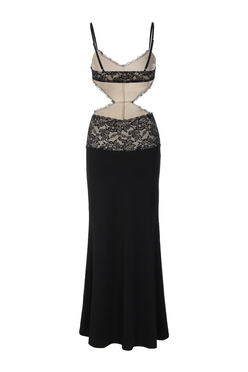 Black Lace Cutouts Fitted Long Dress