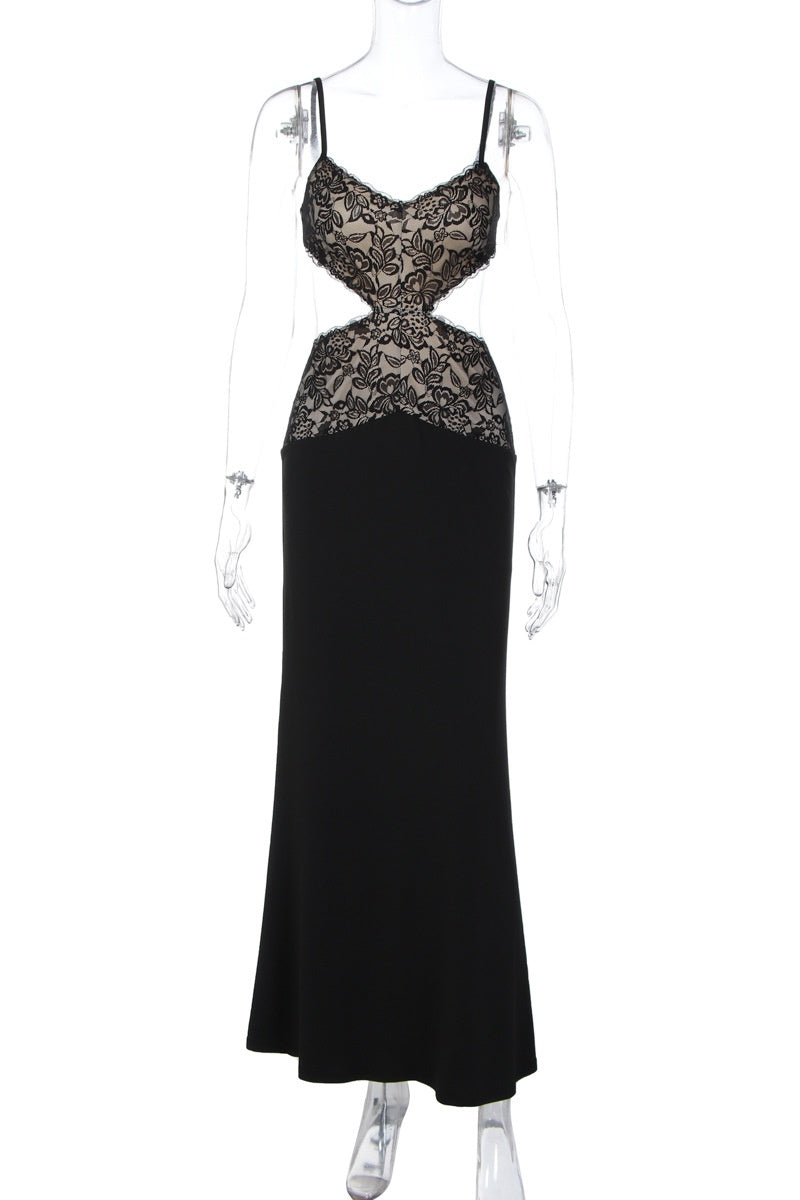 Black Lace Cutouts Fitted Long Dress