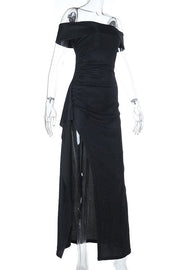 Black Folded Off the Shoulder Black Frill Dress