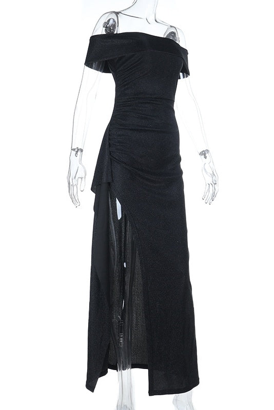 Black Folded Off the Shoulder Black Frill Dress