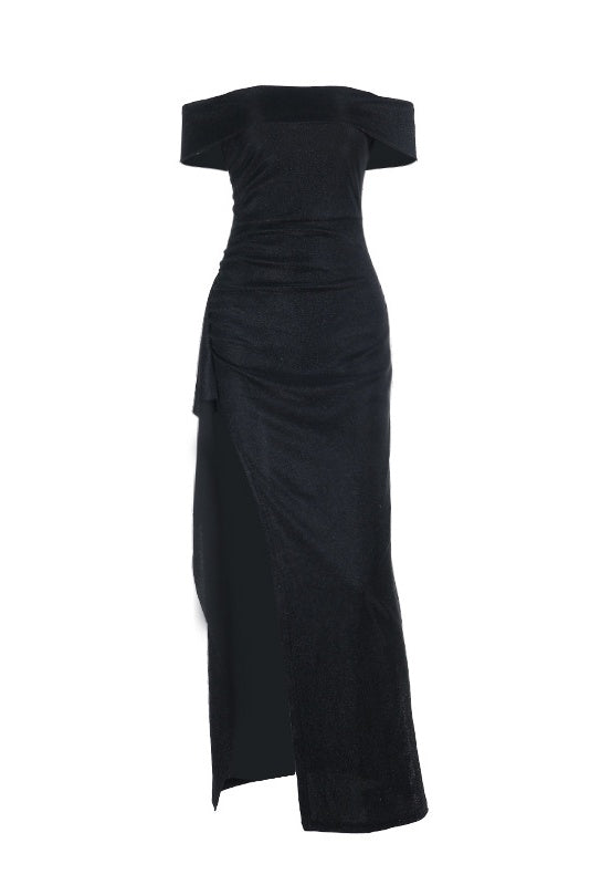 Black Folded Off the Shoulder Black Frill Dress