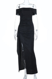 Black Folded Off the Shoulder Black Frill Dress