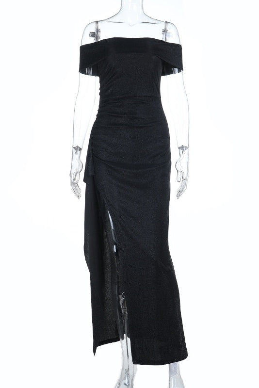 Black Folded Off the Shoulder Black Frill Dress