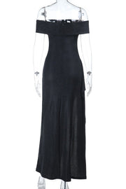 Black Folded Off the Shoulder Black Frill Dress