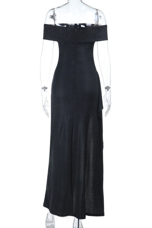 Black Folded Off the Shoulder Black Frill Dress